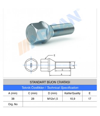 STANDART BİJON CİVATASI A.A17 38MM STANDART BİJON CİVATASI A.A17 38MM