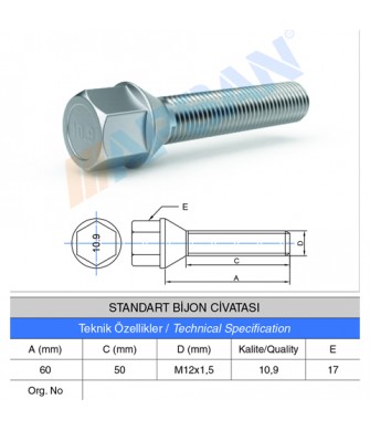 STANDART BİJON CİVATASI A.A 17 60MM STANDART BİJON CİVATASI A.A 17 60MM