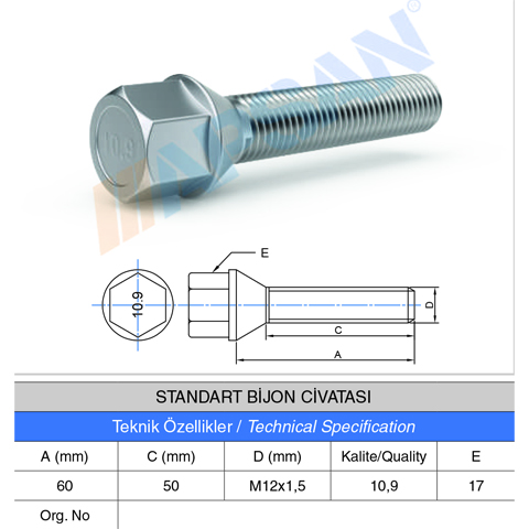 STANDART BİJON CİVATASI  A.A 17 60MM