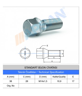 STANDART BİJON CİVATASI A.A 17 38 MM STANDART BİJON CİVATASI A.A 17 38 MM