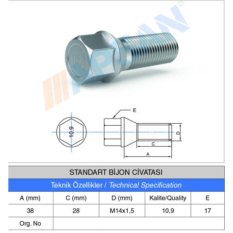 STANDART BİJON CİVATASI A.A 17 38 MM