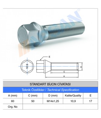 STANDART BİJON CİVATASI A.A 17 60MM STANDART BİJON CİVATASI A.A 17 60MM