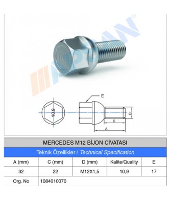 MERCEDES M12 BİJON CİVATASI 32MM MERCEDES M12 BİJON CİVATASI 32MM