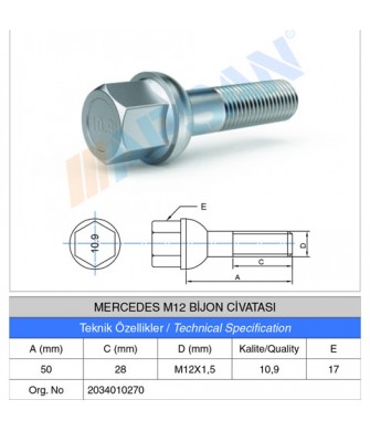 MERCEDES M12 BİJON CİVATASI 50MM MERCEDES M12 BİJON CİVATASI 50MM