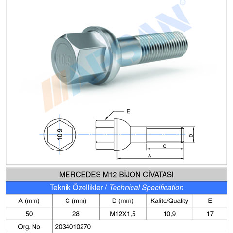 MERCEDES M12 BİJON CİVATASI 50MM
