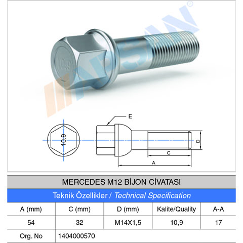 MERCEDES M12 BİJON CİVATASI 54MM