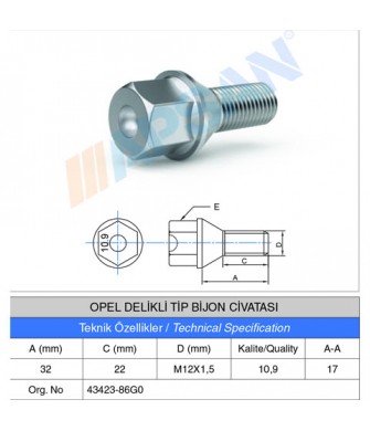OPEL DELİKLİ TİP BİJON CİVATASI OPEL DELİKLİ TİP BİJON CİVATASI