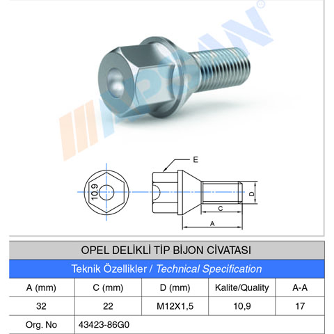 OPEL DELİKLİ TİP BİJON CİVATASI 