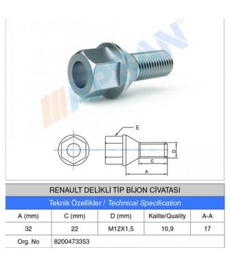 RENAULT DELİKLİ TİP BİJON CİVATASI RENAULT DELİKLİ TİP BİJON CİVATASI