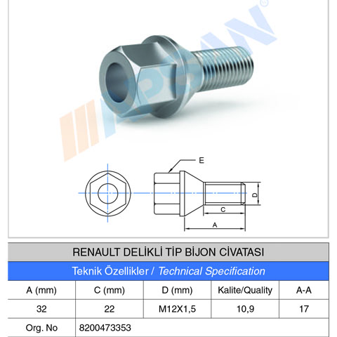 RENAULT DELİKLİ TİP BİJON CİVATASI 