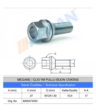 MEGANE/CLIO YM PULLU BİJON CİVATASI