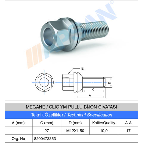 MEGANE/CLIO YM PULLU BİJON CİVATASI